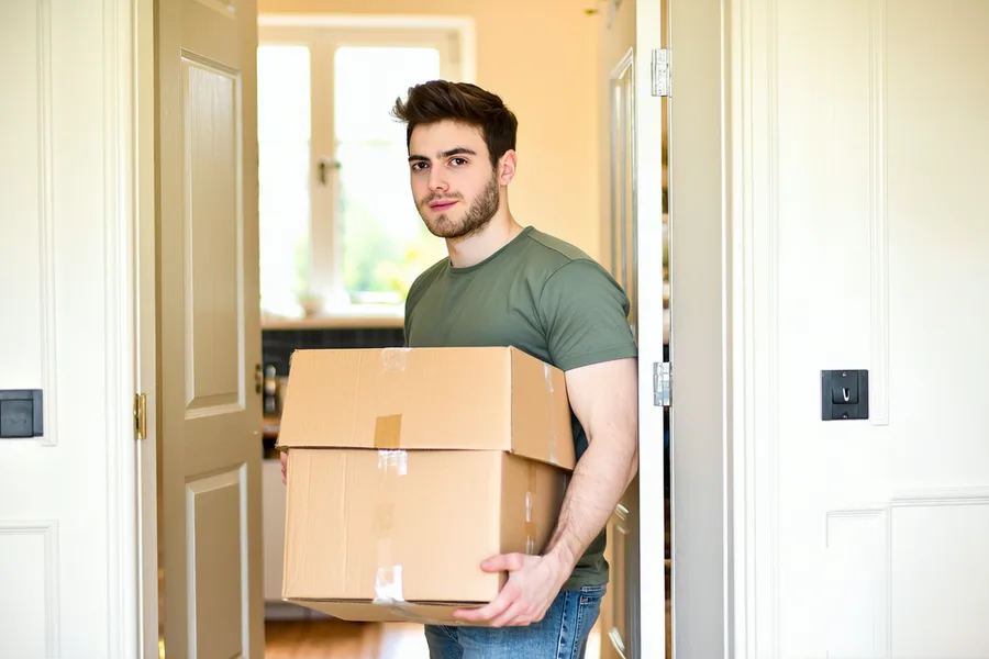 Person carrying a cardboard box through a bright UK flat doorway, moving in